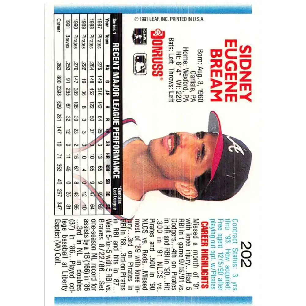 1992 Donruss #202 Sid Bream NM-MT Atlanta Braves Baseball Card - Baseball Card Single