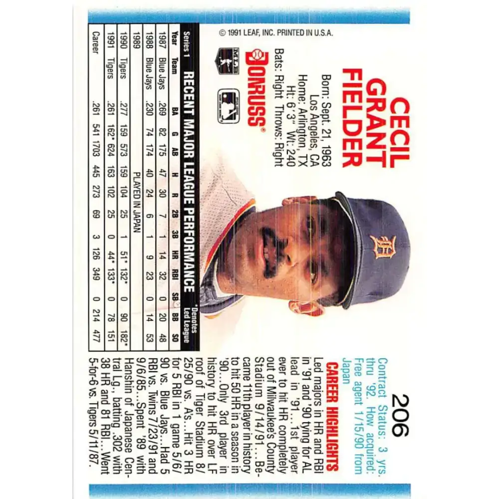 1992 Donruss #206 Cecil Fielder NM-MT Detroit Tigers Baseball Card - Baseball Card Single