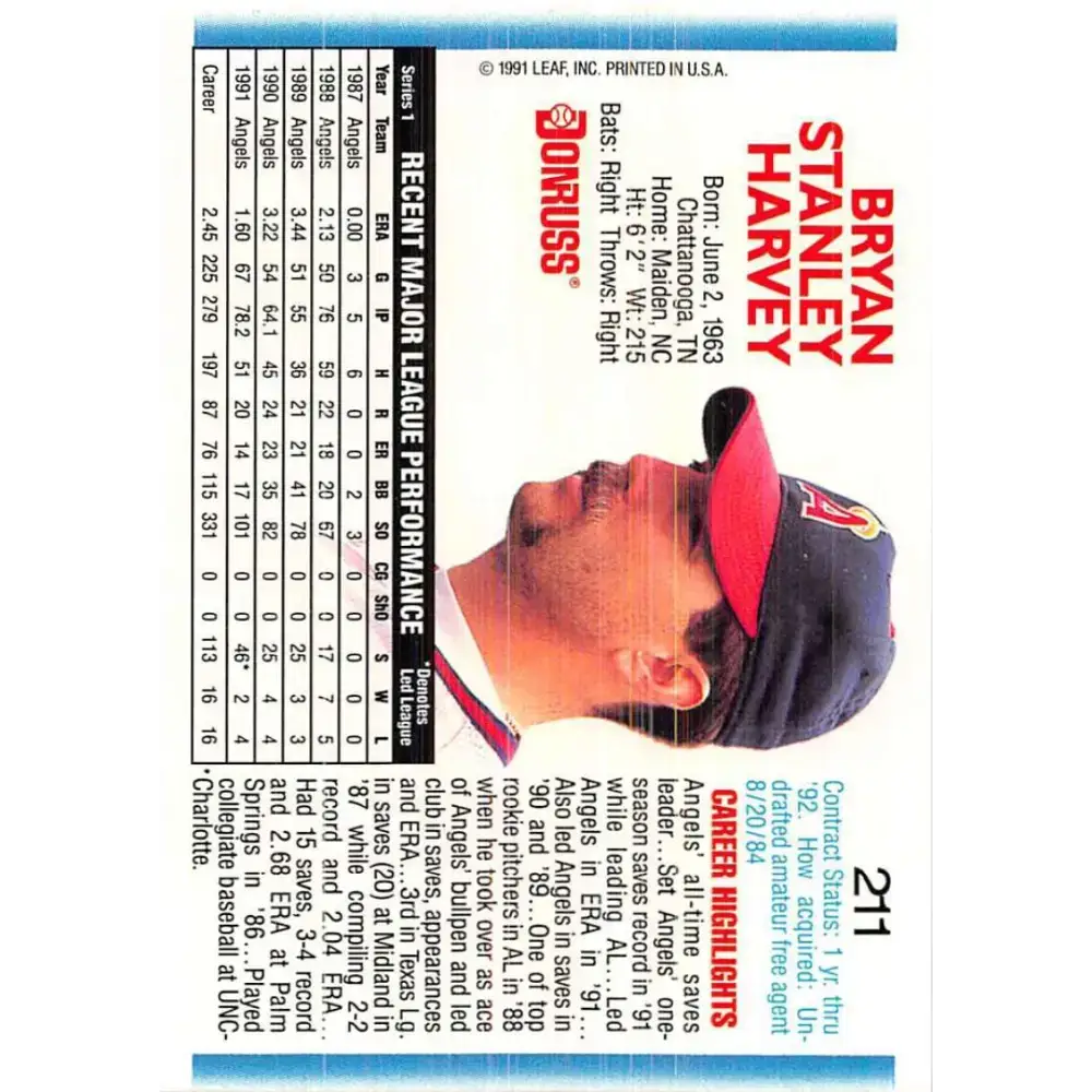 1992 Donruss #211 Bryan Harvey NM-MT California Angels Baseball Card - Baseball Card Single