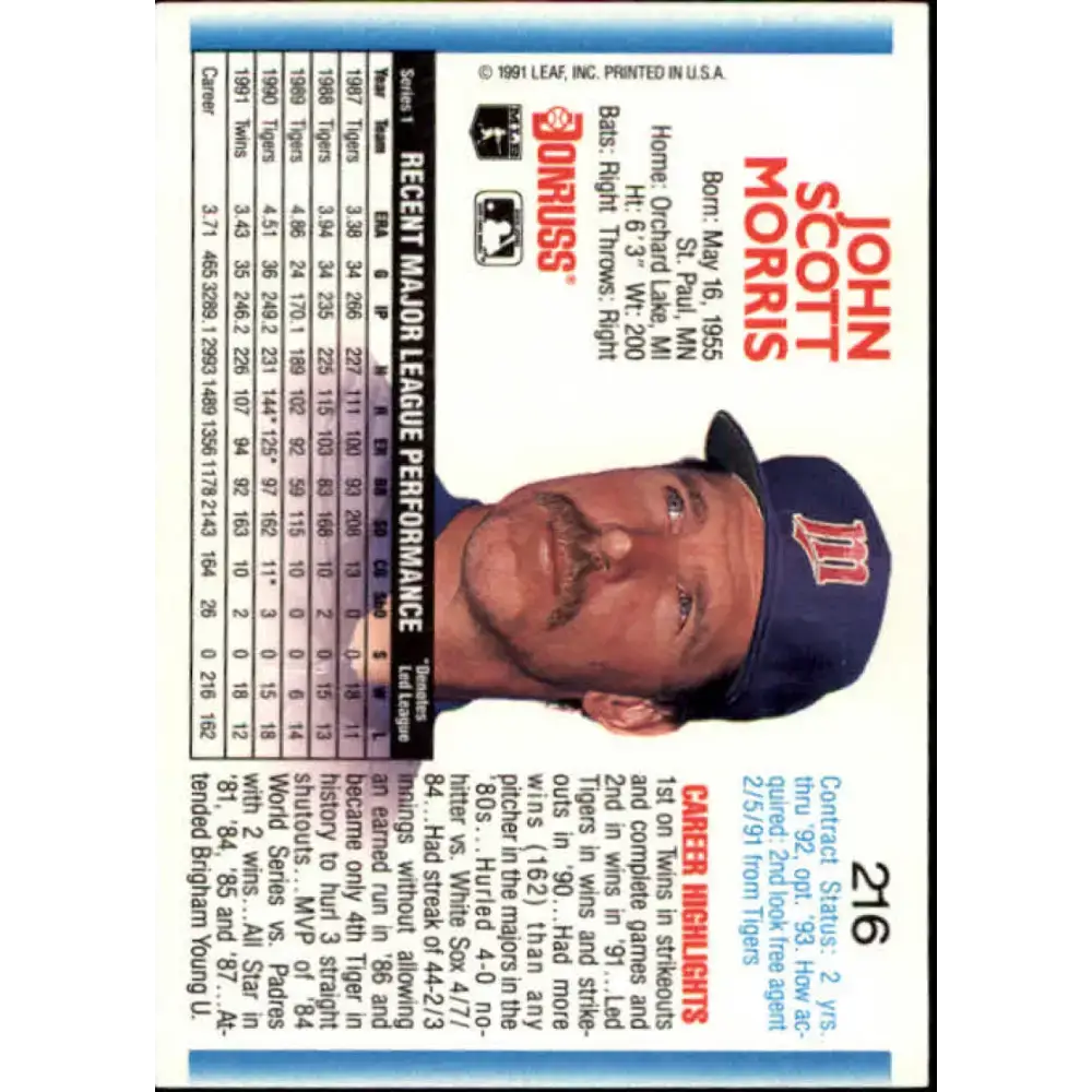 1992 Donruss #216 Jack Morris NM-MT Minnesota Twins Baseball Card - Baseball Card Single