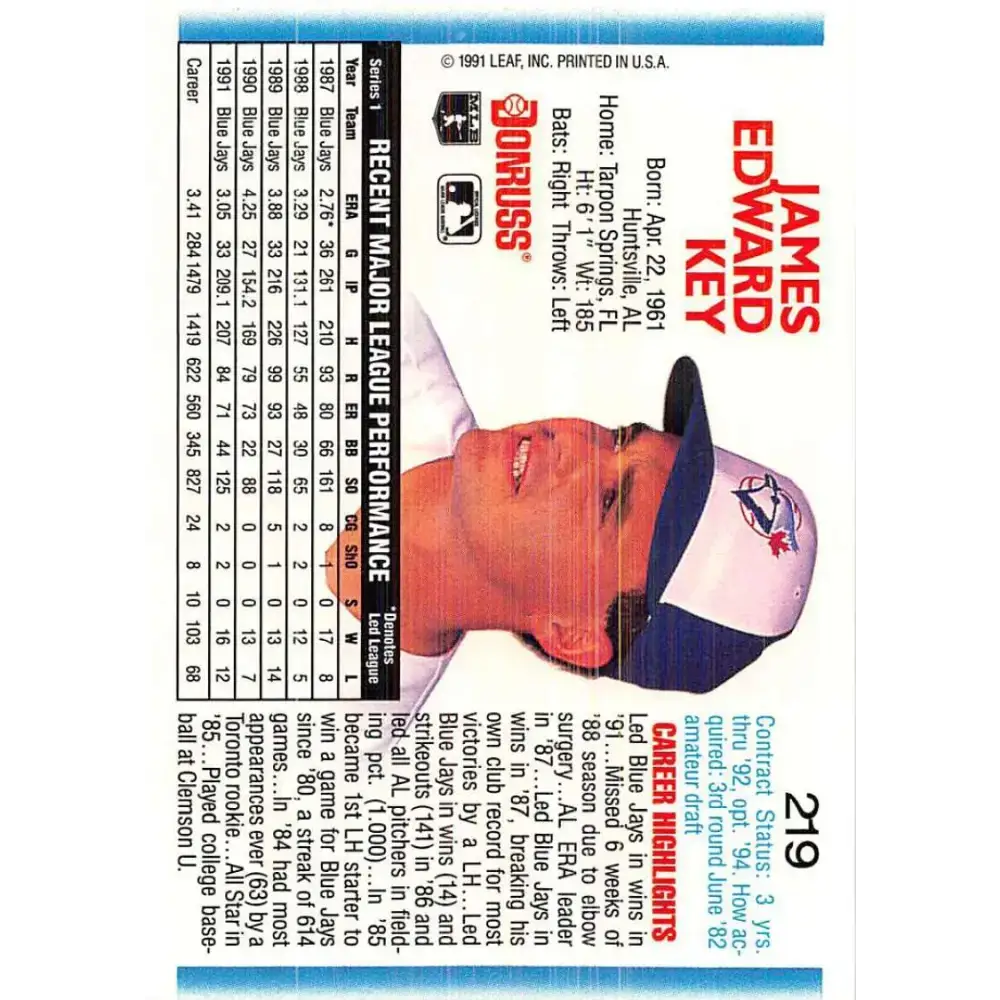 1992 Donruss #219 Jimmy Key NM-MT Toronto Blue Jays Baseball Card - Baseball Card Single