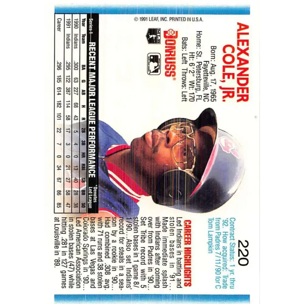 1992 Donruss #220 Alex Cole NM-MT Cleveland Indians Baseball Card - Baseball Card Single