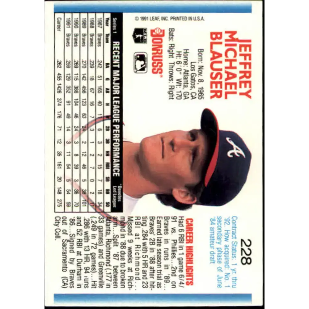 1992 Donruss #228 Jeff Blauser NM-MT Atlanta Braves Baseball Card - Baseball Card Single