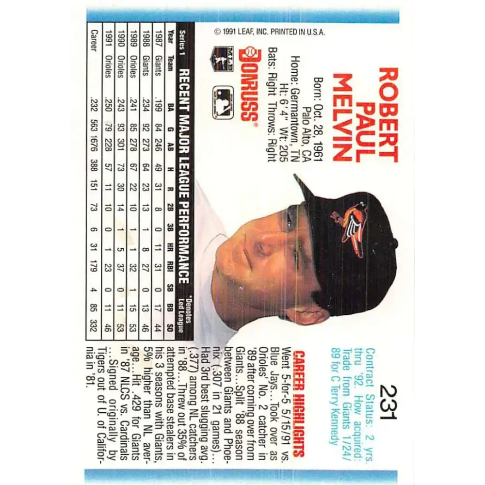 1992 Donruss #231 Bob Melvin NM-MT Baltimore Orioles Baseball Card - Baseball Card Single
