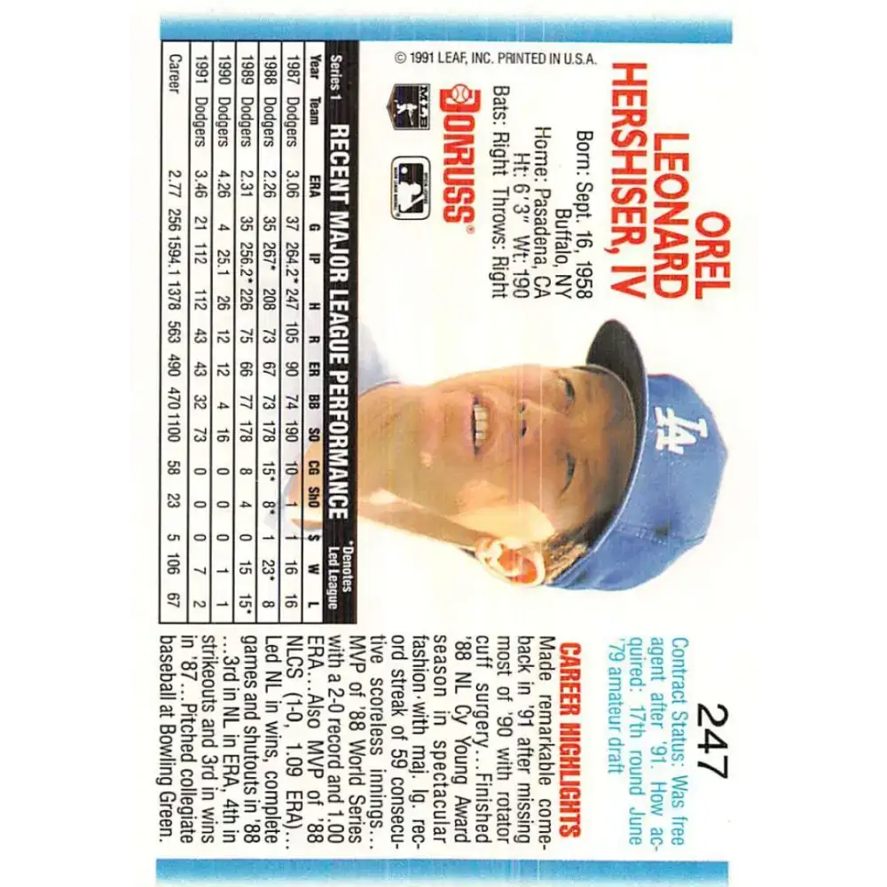1992 Donruss #247 Orel Hershiser NM-MT Los Angeles Dodgers Baseball Card - Baseball Card Single