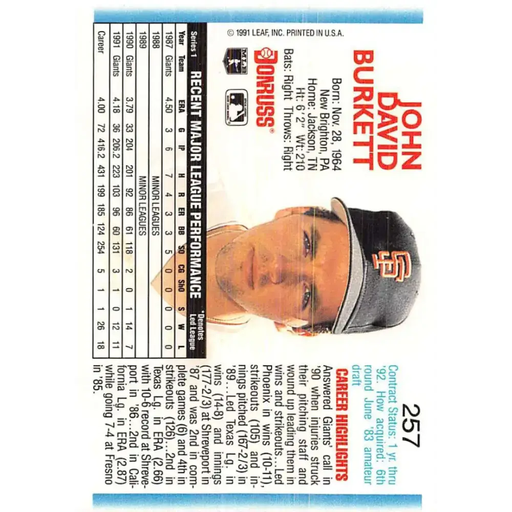 1992 Donruss #257 John Burkett NM-MT San Francisco Giants Baseball Card - Baseball Card Single