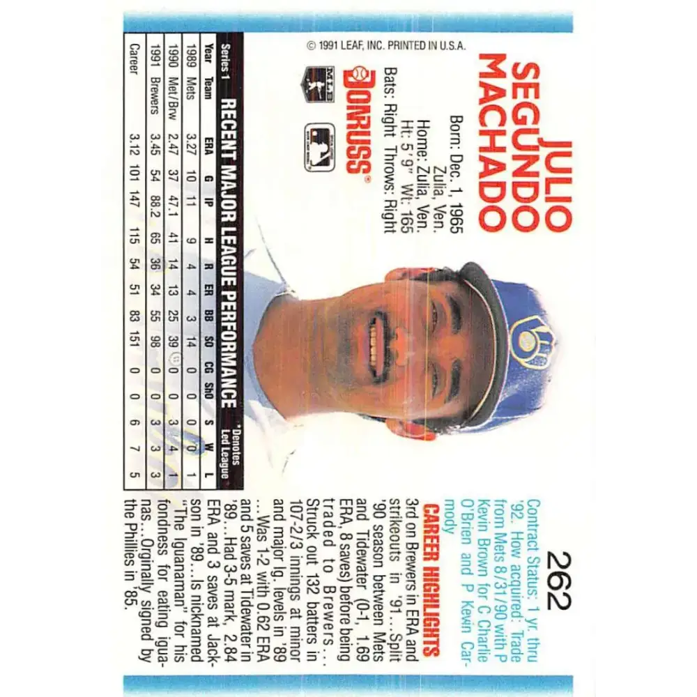 1992 Donruss #262 Julio Machado NM-MT Milwaukee Brewers Baseball Card - Baseball Card Single
