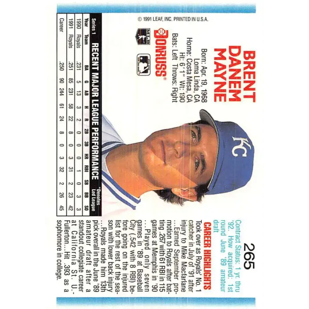 1992 Donruss #265 Brent Mayne NM-MT Kansas City Royals Baseball Card - Baseball Card Single