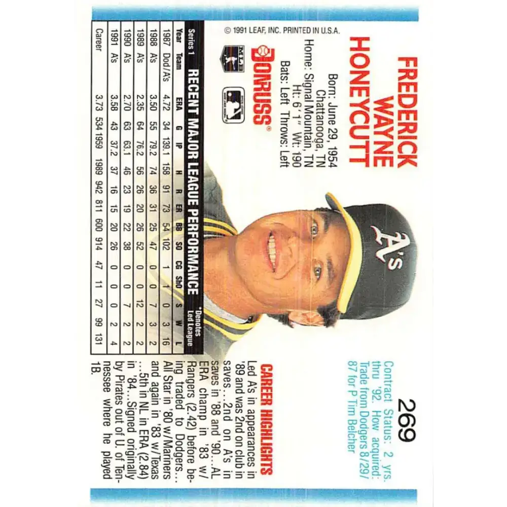 1992 Donruss #269 Rick Honeycutt NM-MT Oakland Athletics Baseball Card - Baseball Card Single