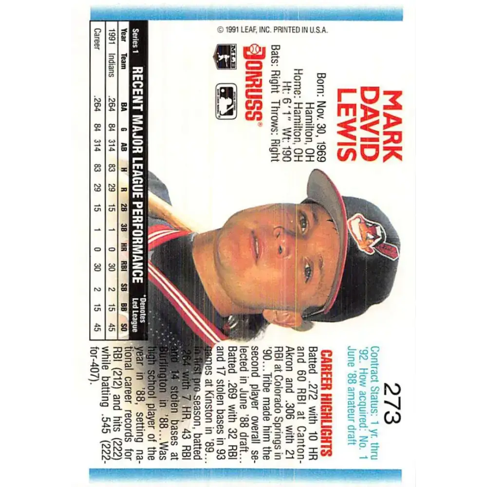1992 Donruss #273 Mark Lewis NM-MT Cleveland Indians Baseball Card - Baseball Card Single