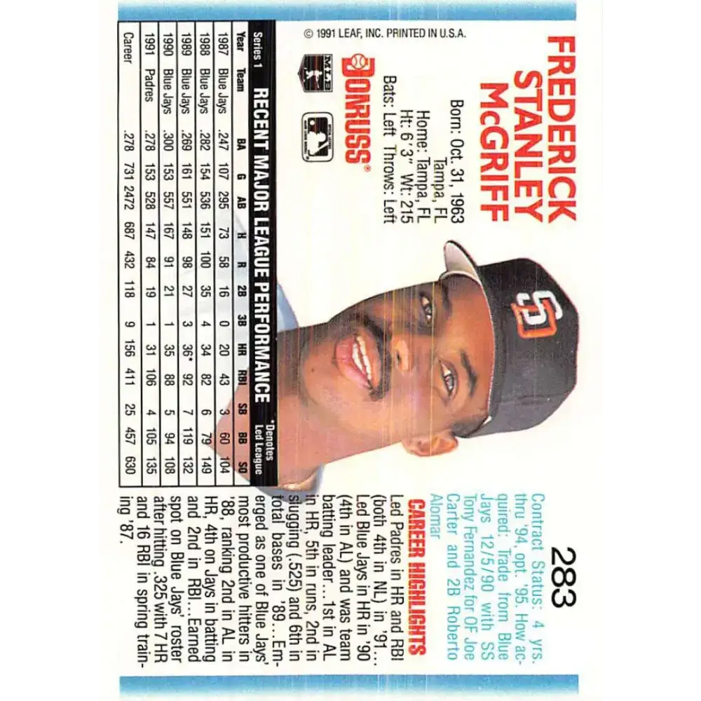 1992 Donruss #283 Fred McGriff NM-MT San Diego Padres Baseball Card - Baseball Card Single