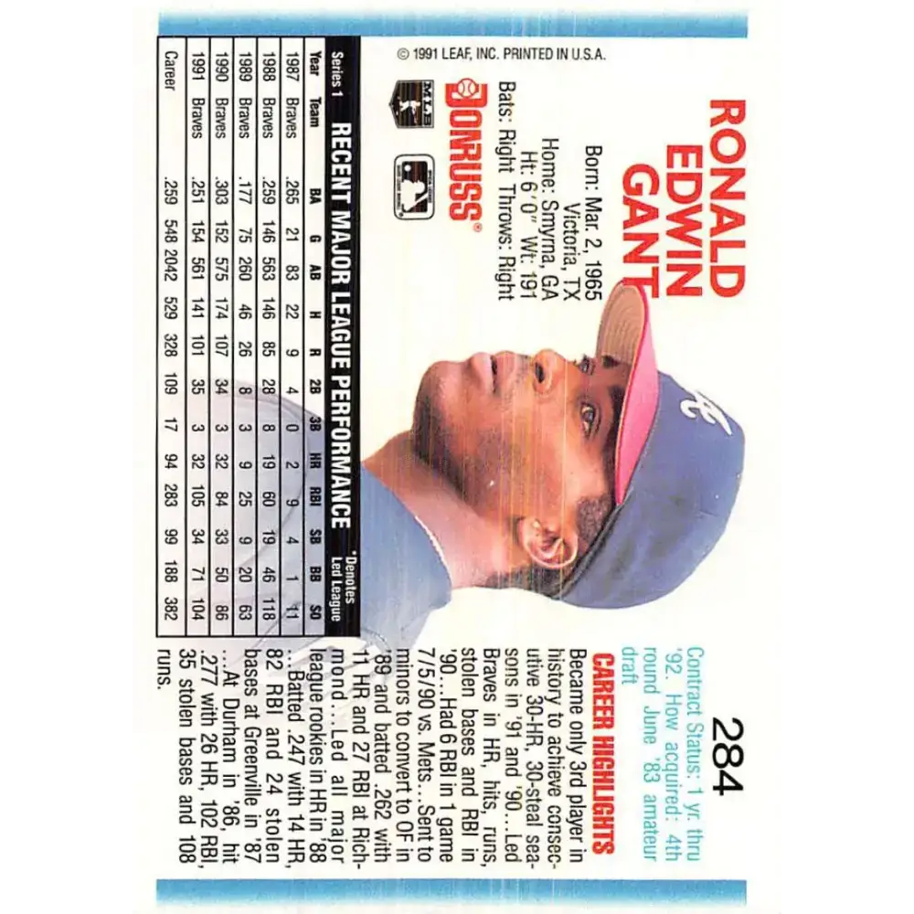 1992 Donruss #284 Ron Gant NM-MT Atlanta Braves Baseball Card - Baseball Card Single