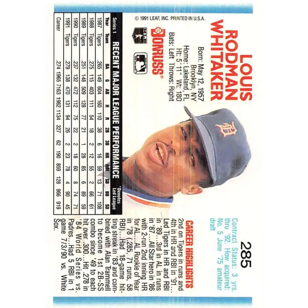 1992 Donruss #285 Lou Whitaker NM-MT Detroit Tigers Baseball Card - Baseball Card Single