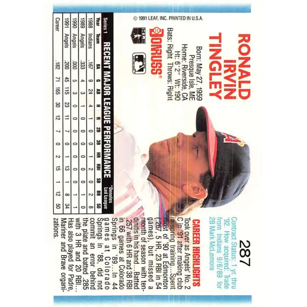 1992 Donruss #287 Ron Tingley NM-MT California Angels Baseball Card - Baseball Card Single