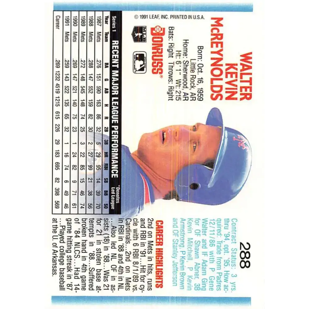 1992 Donruss #288 Kevin McReynolds NM-MT New York Mets Baseball Card - Baseball Card Single