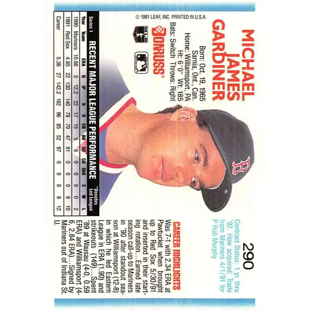 1992 Donruss #290 Mike Gardiner NM-MT Boston Red Sox Baseball Card - Baseball Card Single