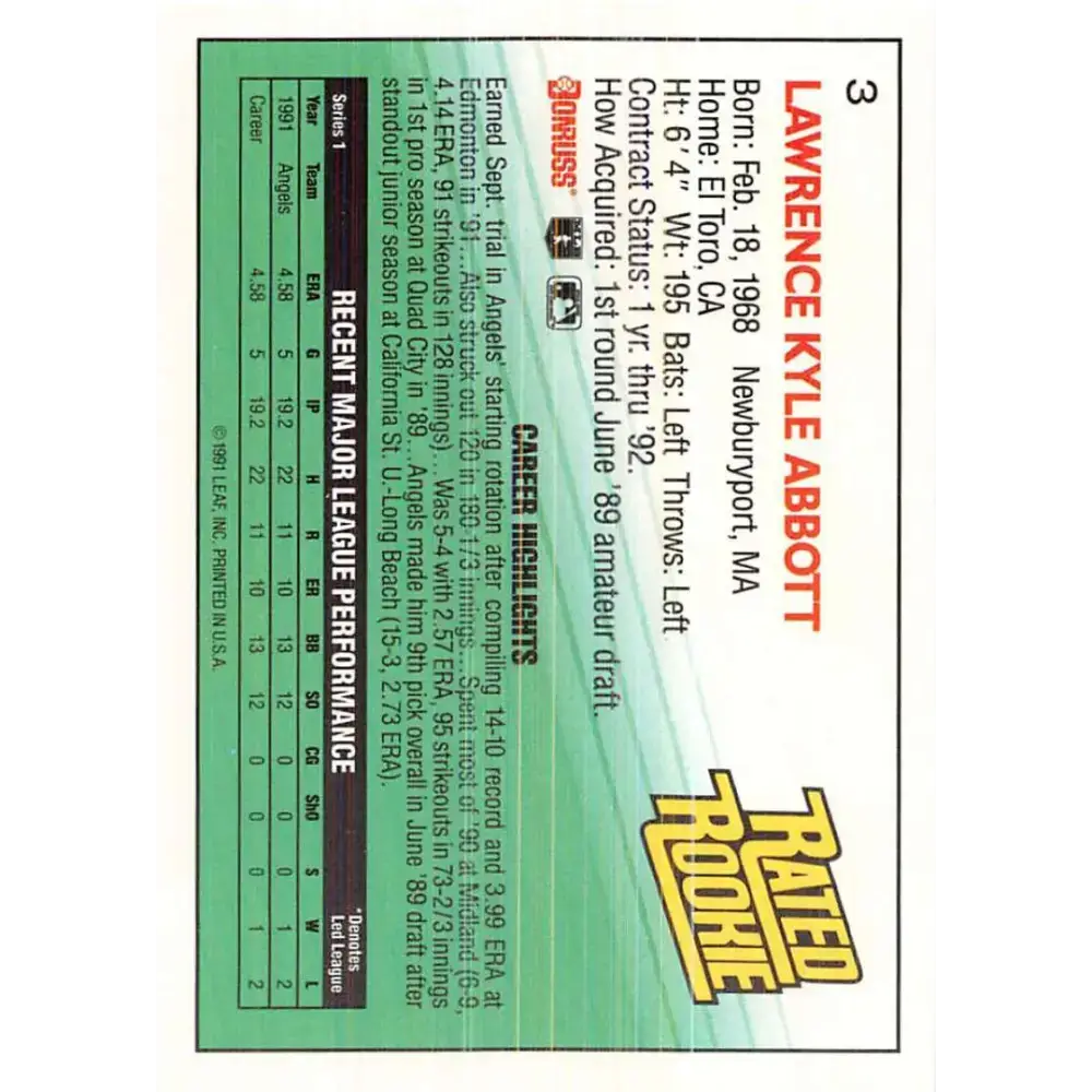 1992 Donruss #3 Kyle Abbott RR NM-MT California Angels Baseball Card - Baseball Card Single