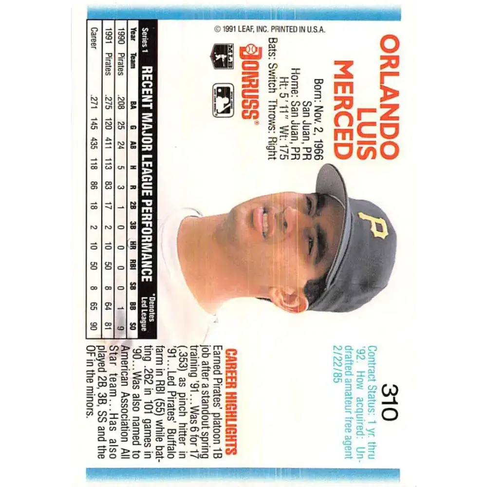 1992 Donruss #310 Orlando Merced NM-MT Pittsburgh Pirates Baseball Card - Baseball Card Single