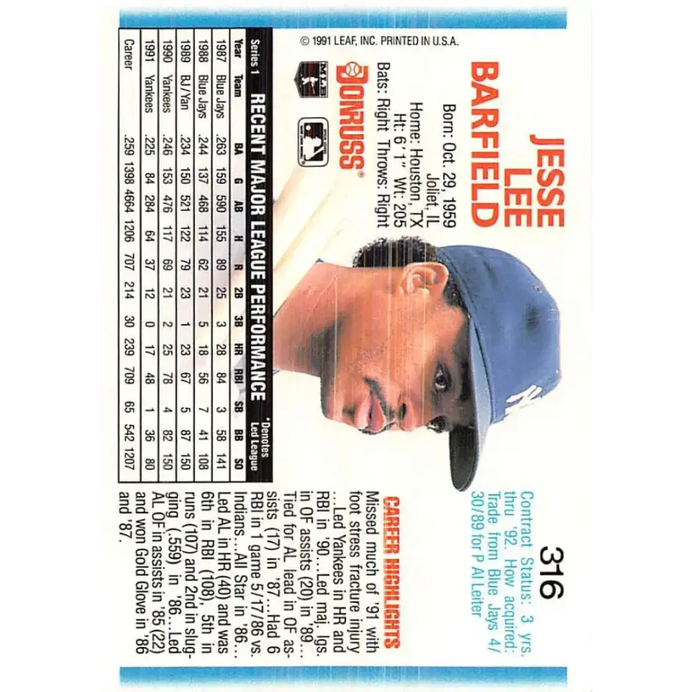 1992 Donruss #316 Jesse Barfield NM-MT New York Yankees Baseball Card - Baseball Card Single
