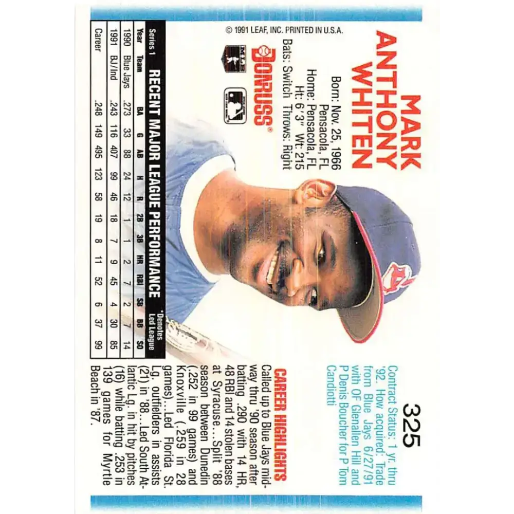 1992 Donruss #325 Mark Whiten NM-MT Cleveland Indians Baseball Card - Baseball Card Single