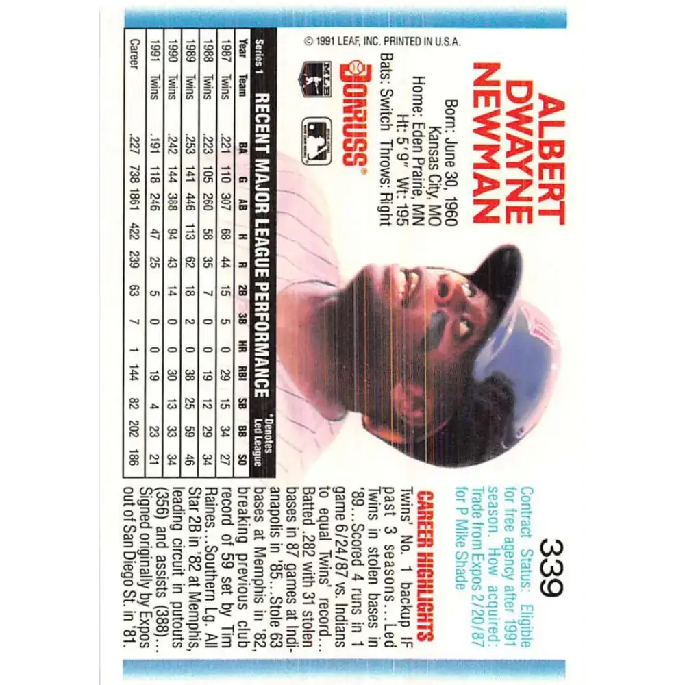 1992 Donruss #339 Al Newman NM-MT Minnesota Twins Baseball Card - Baseball Card Single