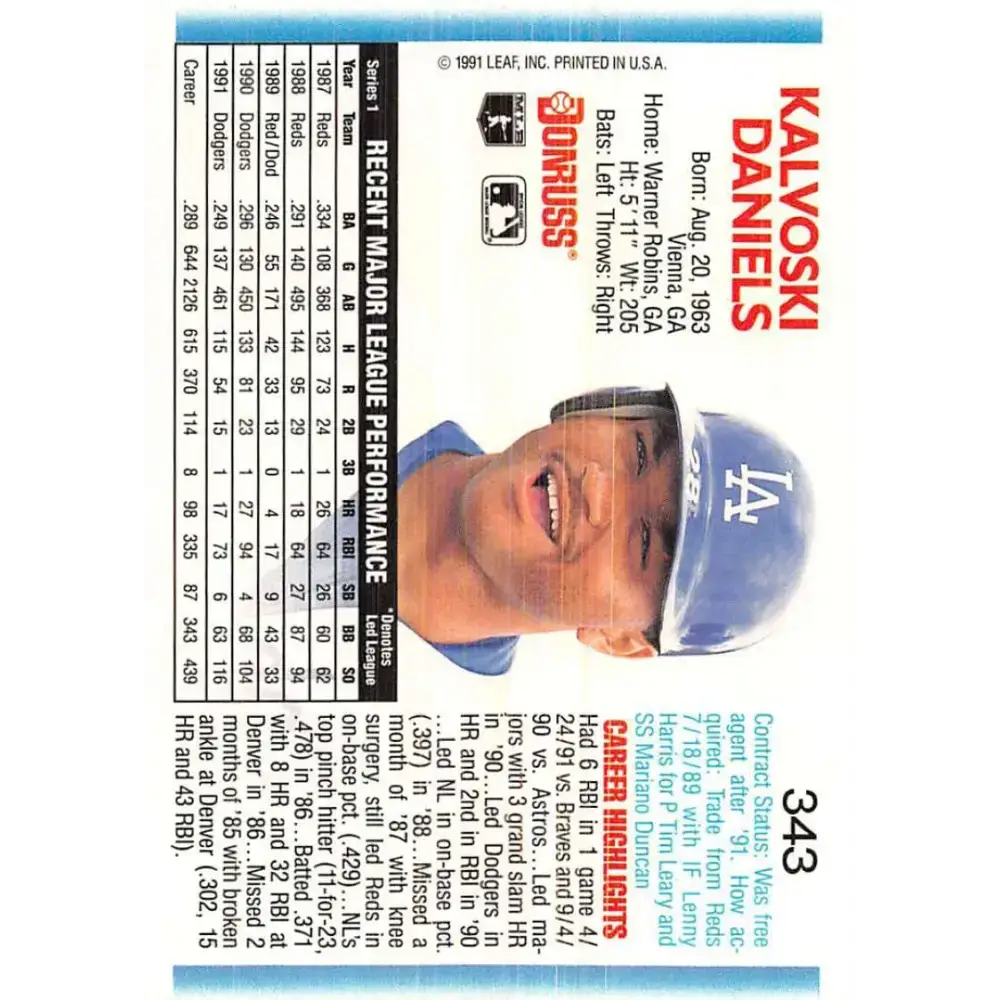 1992 Donruss #343 Kal Daniels NM-MT Los Angeles Dodgers Baseball Card - Baseball Card Single