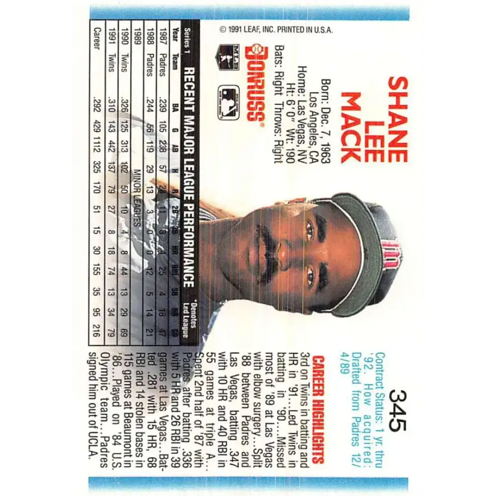 1992 Donruss #345 Shane Mack NM-MT Minnesota Twins Baseball Card - Baseball Card Single