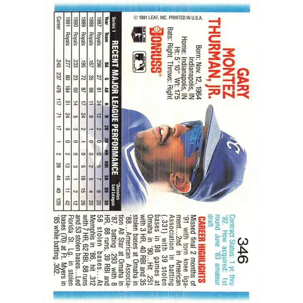 1992 Donruss #346 Gary Thurman NM-MT Kansas City Royals Baseball Card - Baseball Card Single