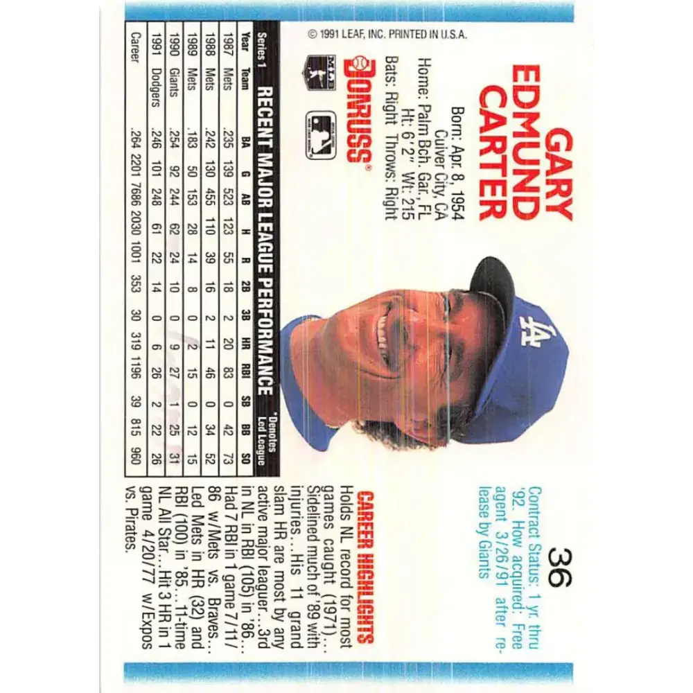 1992 Donruss #36 Gary Carter NM-MT Los Angeles Dodgers Baseball Card - Baseball Card Single