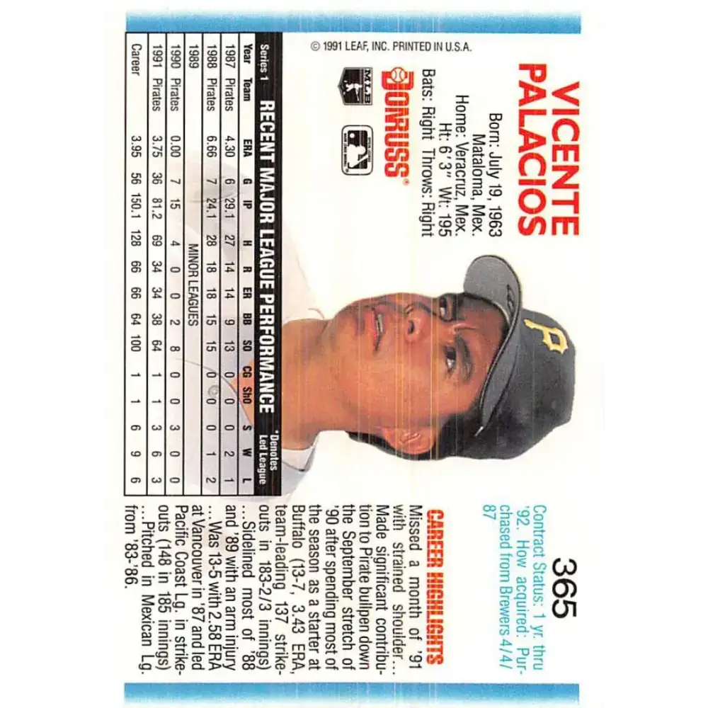 1992 Donruss #365 Vicente Palacios NM-MT Pittsburgh Pirates Baseball Card - Baseball Card Single