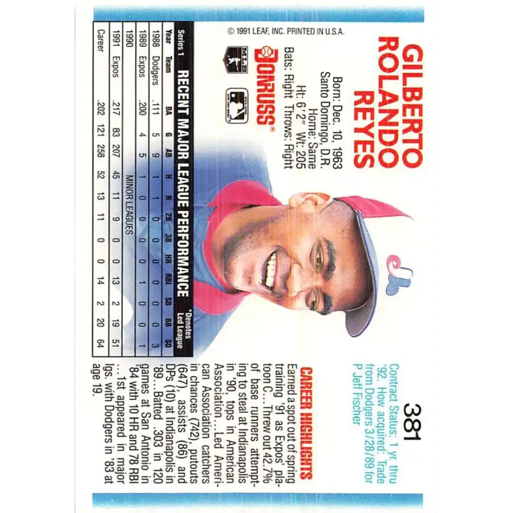 1992 Donruss #381 Gilberto Reyes NM-MT Montreal Expos Baseball Card - Baseball Card Single