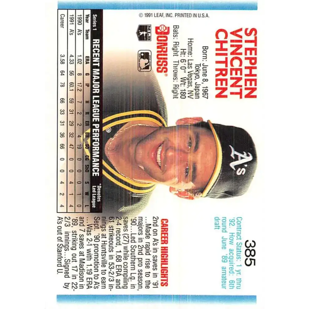 1992 Donruss #385 Steve Chitren NM-MT Oakland Athletics Baseball Card - Baseball Card Single