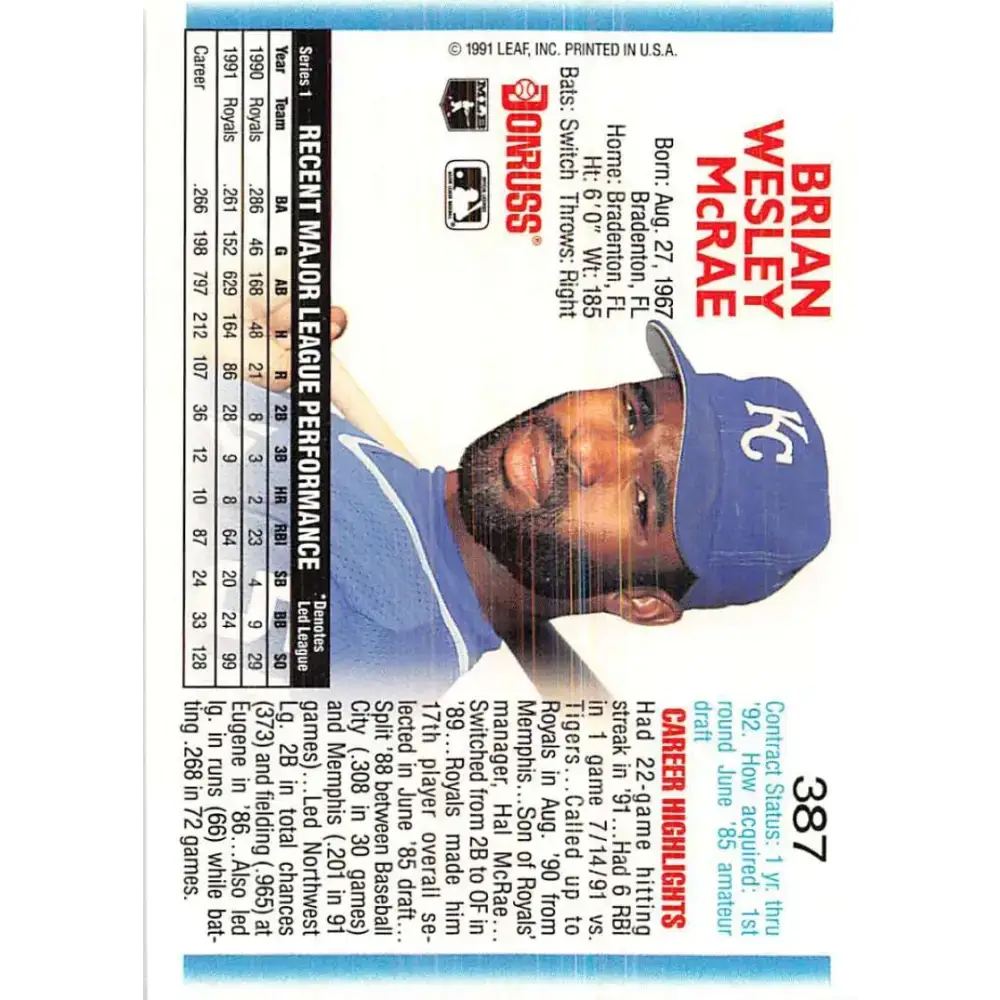 1992 Donruss #387 Brian McRae NM-MT Kansas City Royals Baseball Card - Baseball Card Single