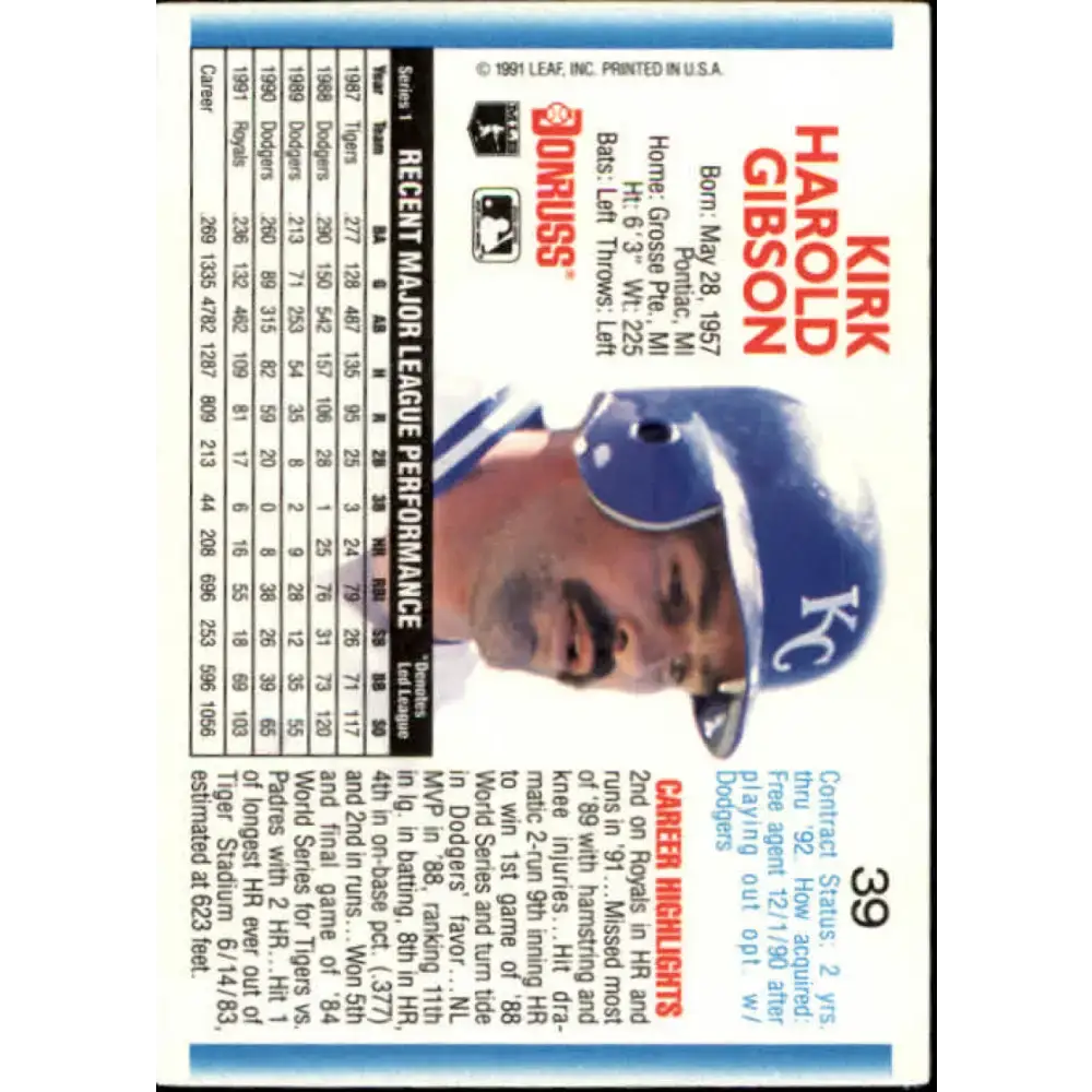 1992 Donruss #39 Kirk Gibson NM-MT Kansas City Royals Baseball Card - Baseball Card Single