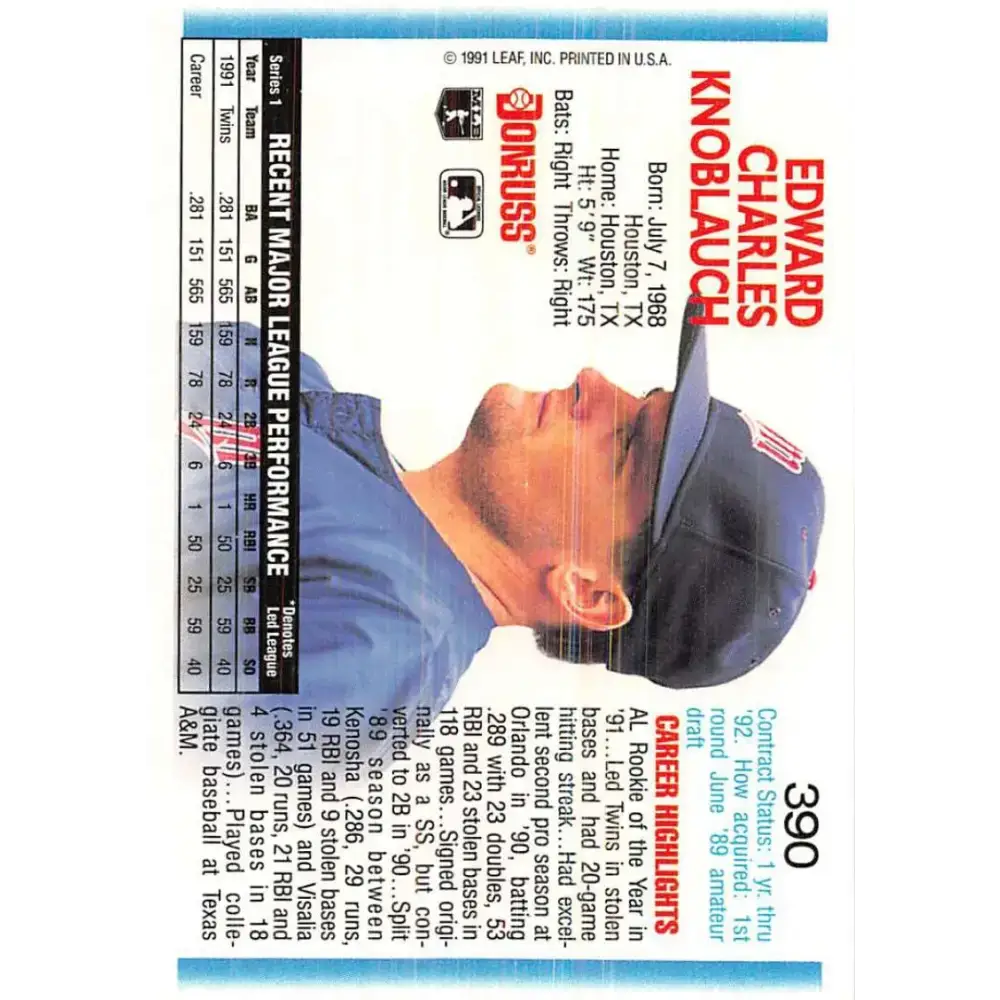 1992 Donruss #390 Chuck Knoblauch NM-MT Minnesota Twins Baseball Card - Baseball Card Single