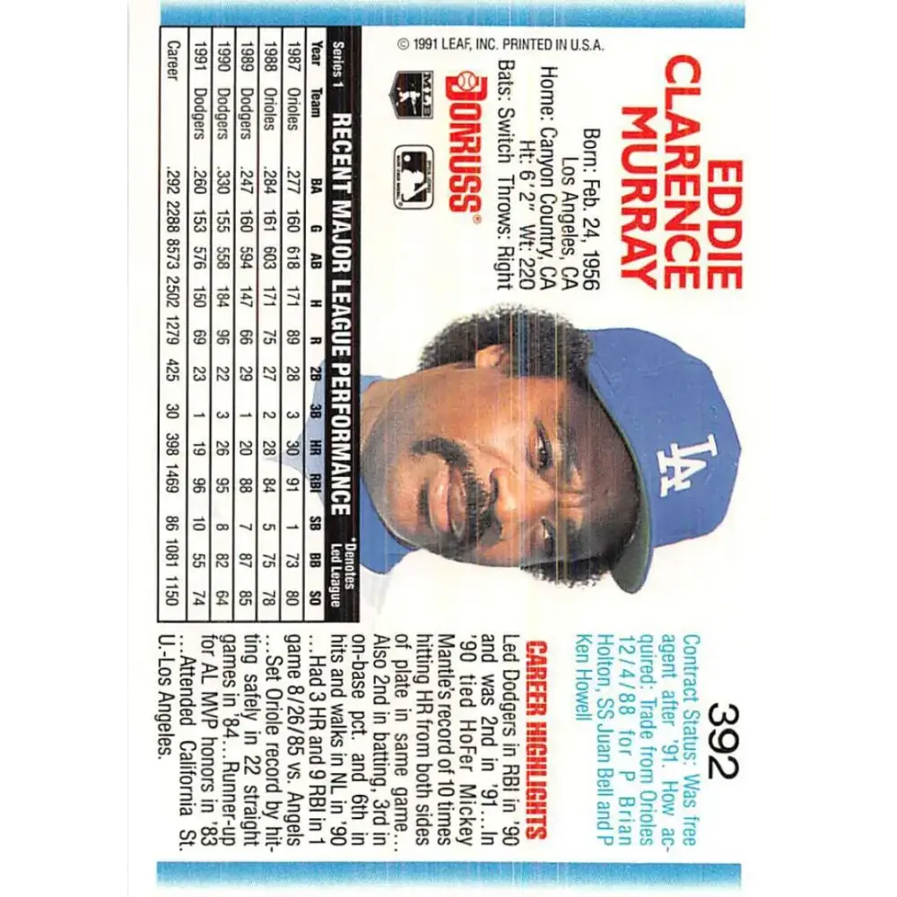 1992 Donruss #392 Eddie Murray NM-MT Los Angeles Dodgers Baseball Card - Baseball Card Single