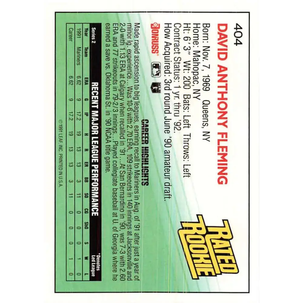 1992 Donruss #404 Dave Fleming RR NM-MT Seattle Mariners Baseball Card - Baseball Card Single