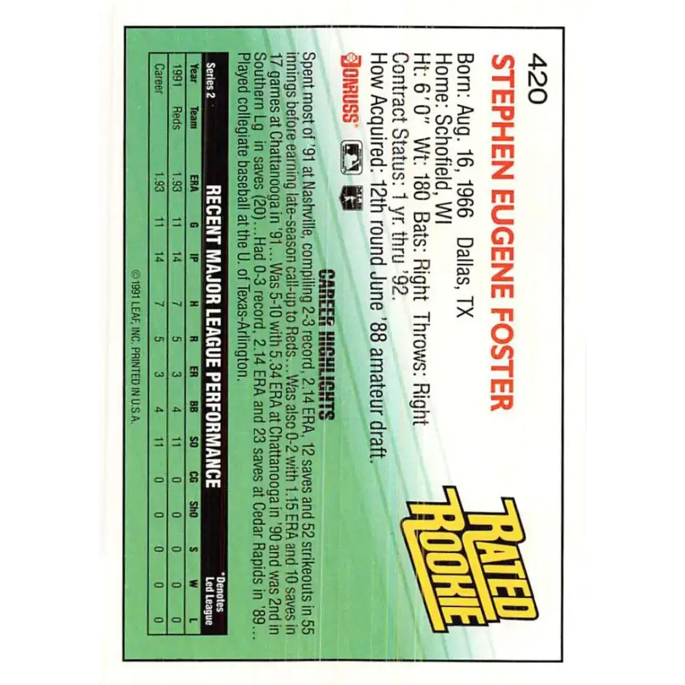 1992 Donruss #420 Steve Foster RR NM-MT RC Rookie Cincinnati Reds Baseball Card - Baseball Card Single