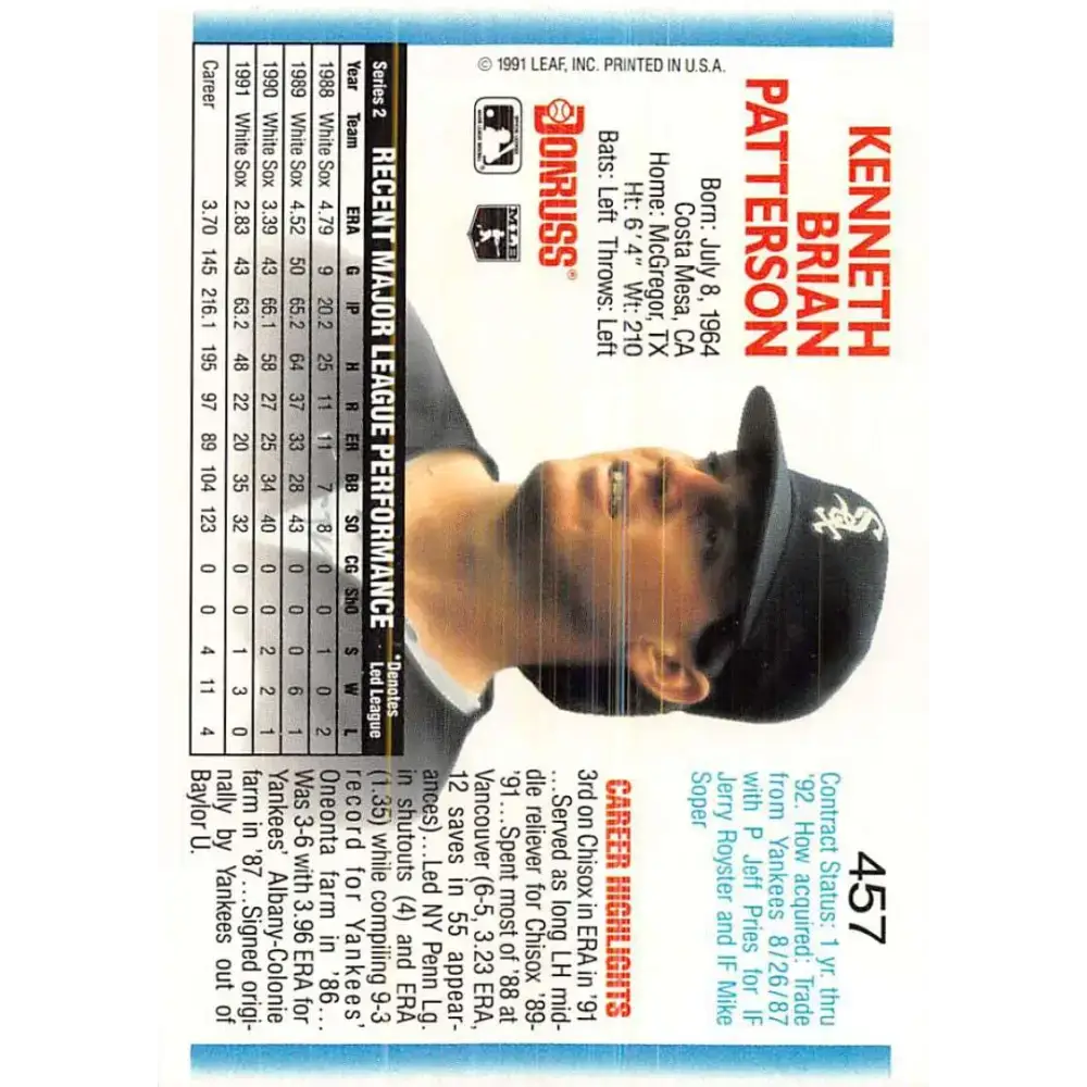 1992 Donruss #457 Ken Patterson NM-MT Chicago White Sox Baseball Card - Baseball Card Single