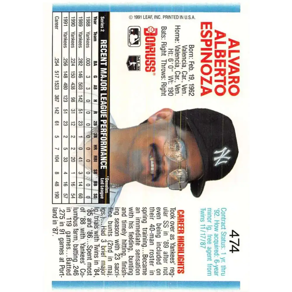 1992 Donruss #474 Alvaro Espinoza NM-MT New York Yankees Baseball Card - Baseball Card Single