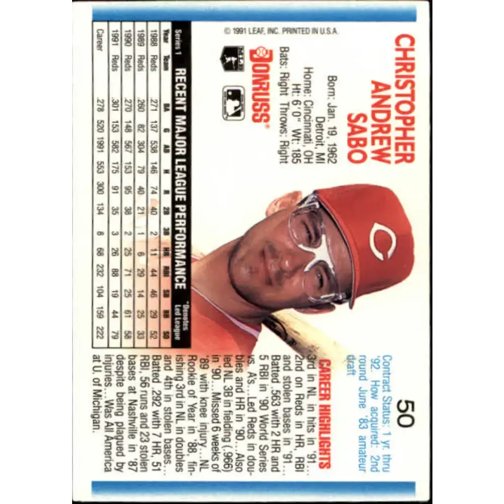1992 Donruss #50 Chris Sabo NM-MT Cincinnati Reds Baseball Card - Baseball Card Single
