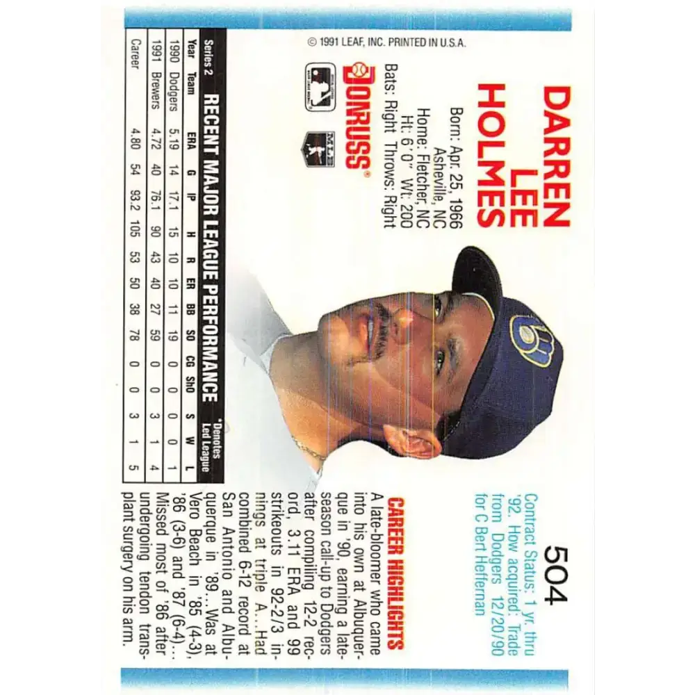 1992 Donruss #504 Darren Holmes NM-MT Milwaukee Brewers Baseball Card - Baseball Card Single