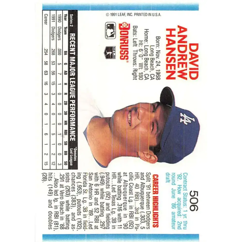 1992 Donruss #506 Dave Hansen NM-MT Los Angeles Dodgers Baseball Card - Baseball Card Single