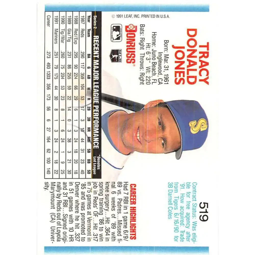 1992 Donruss #519 Tracy Jones NM-MT Seattle Mariners Baseball Card - Baseball Card Single