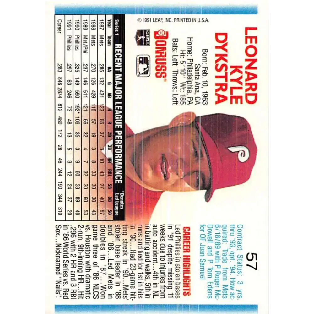 1992 Donruss #57 Lenny Dykstra NM-MT Philadelphia Phillies Baseball Card - Baseball Card Single