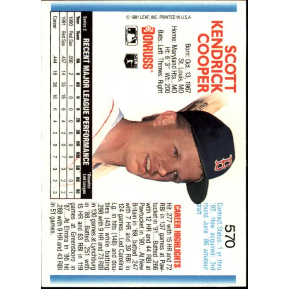 1992 Donruss #570 Scott Cooper NM-MT Boston Red Sox Baseball Card - Baseball Card Single