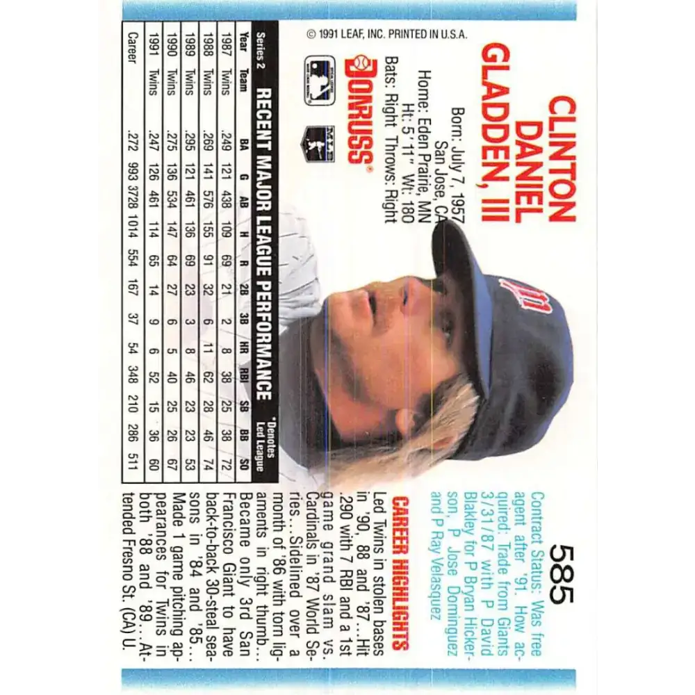 1992 Donruss #585 Dan Gladden NM-MT Minnesota Twins Baseball Card - Baseball Card Single