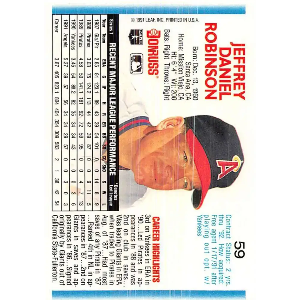 1992 Donruss #59 Jeff Robinson NM-MT California Angels Baseball Card - Baseball Card Single