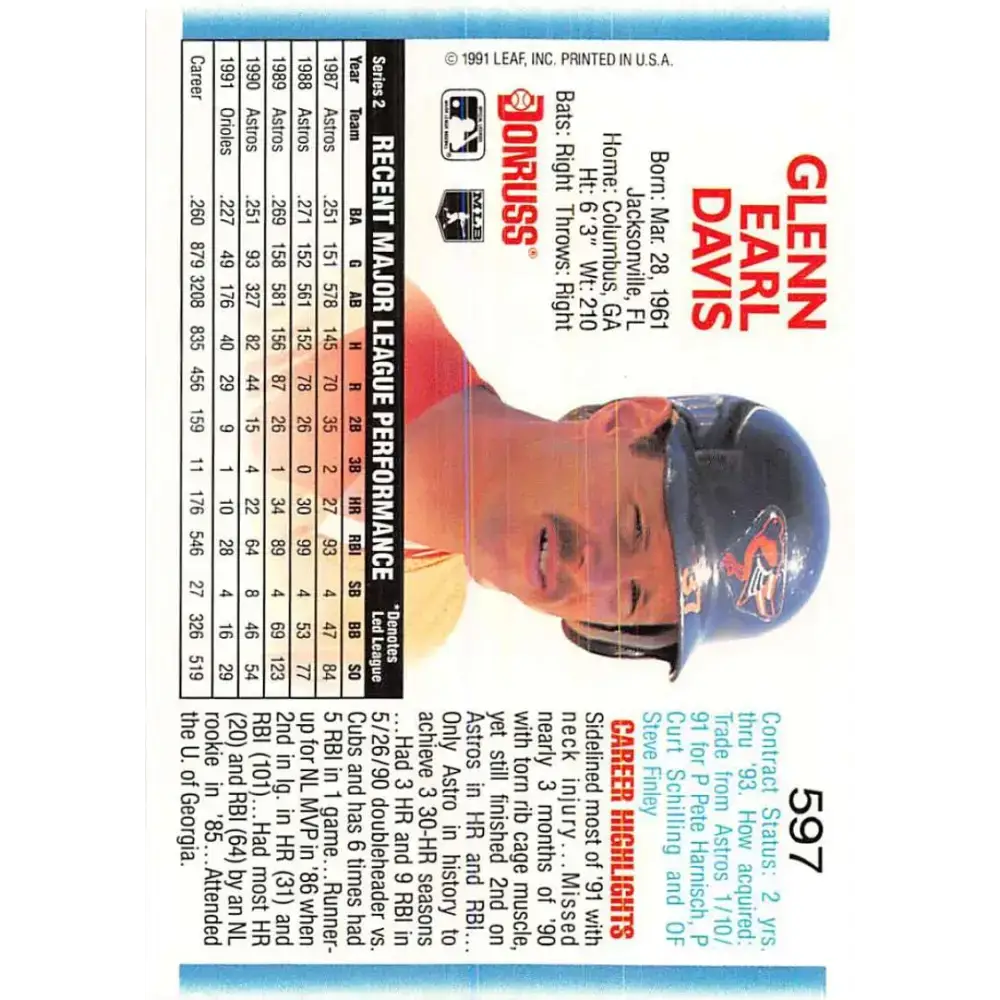 1992 Donruss #597 Glenn Davis NM-MT Baltimore Orioles Baseball Card - Baseball Card Single