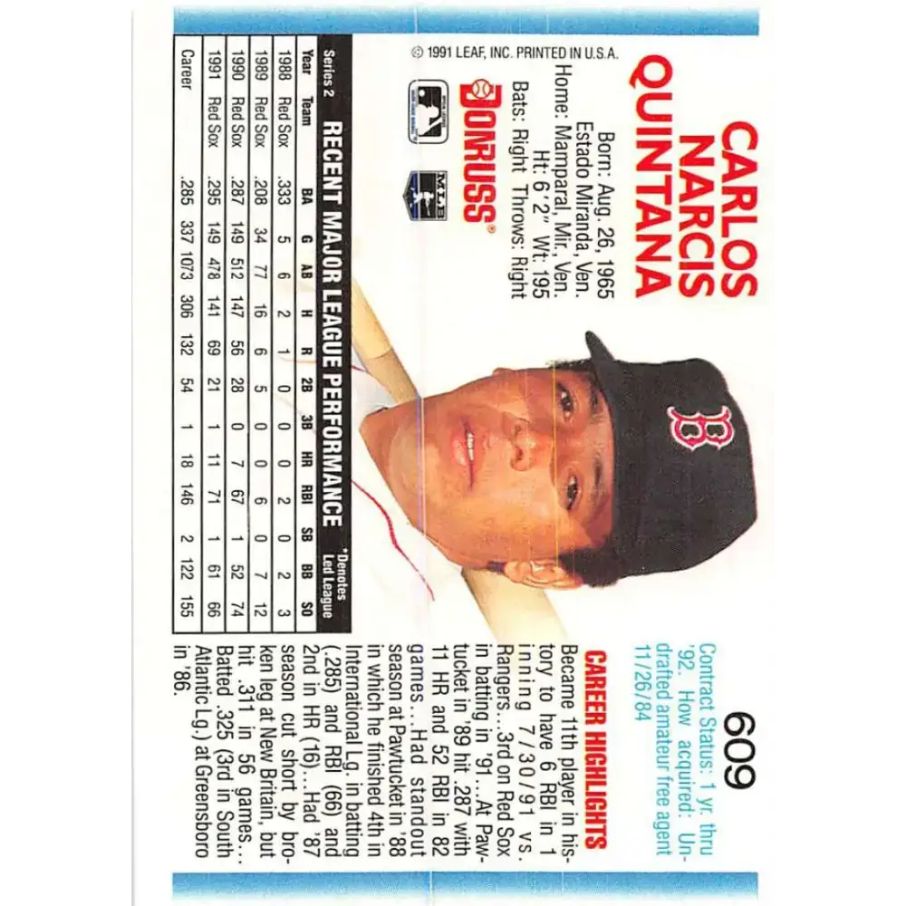 1992 Donruss #609 Carlos Quintana NM-MT Boston Red Sox Baseball Card - Baseball Card Single